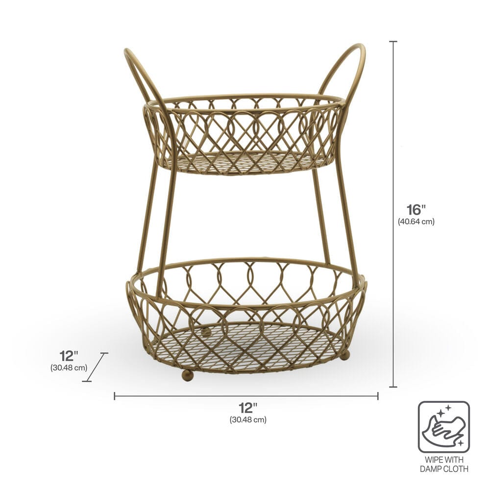 Loop and Lattice 2 Tier Matte Gold Countertop Fruit Storage Basket - Image 3