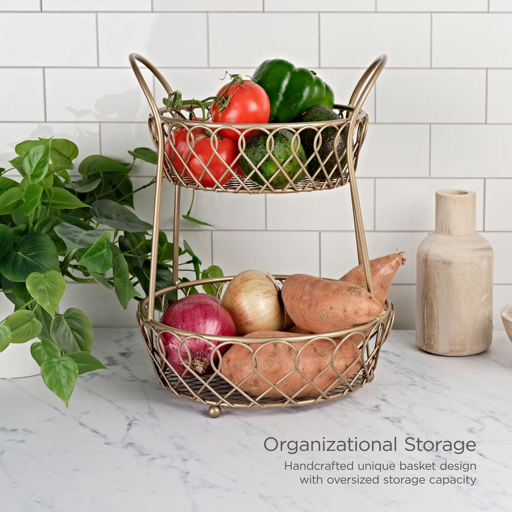 Loop and Lattice 2 Tier Matte Gold Countertop Fruit Storage Basket - Image 2