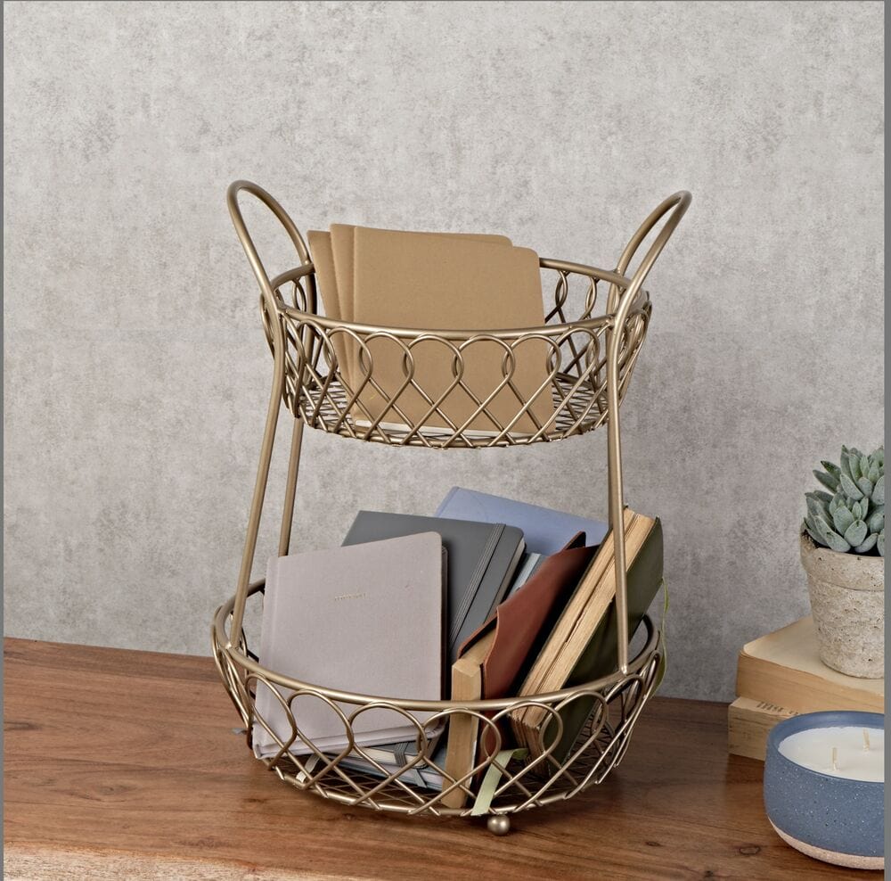 Loop and Lattice 2 Tier Matte Gold Countertop Fruit Storage Basket - Image 4