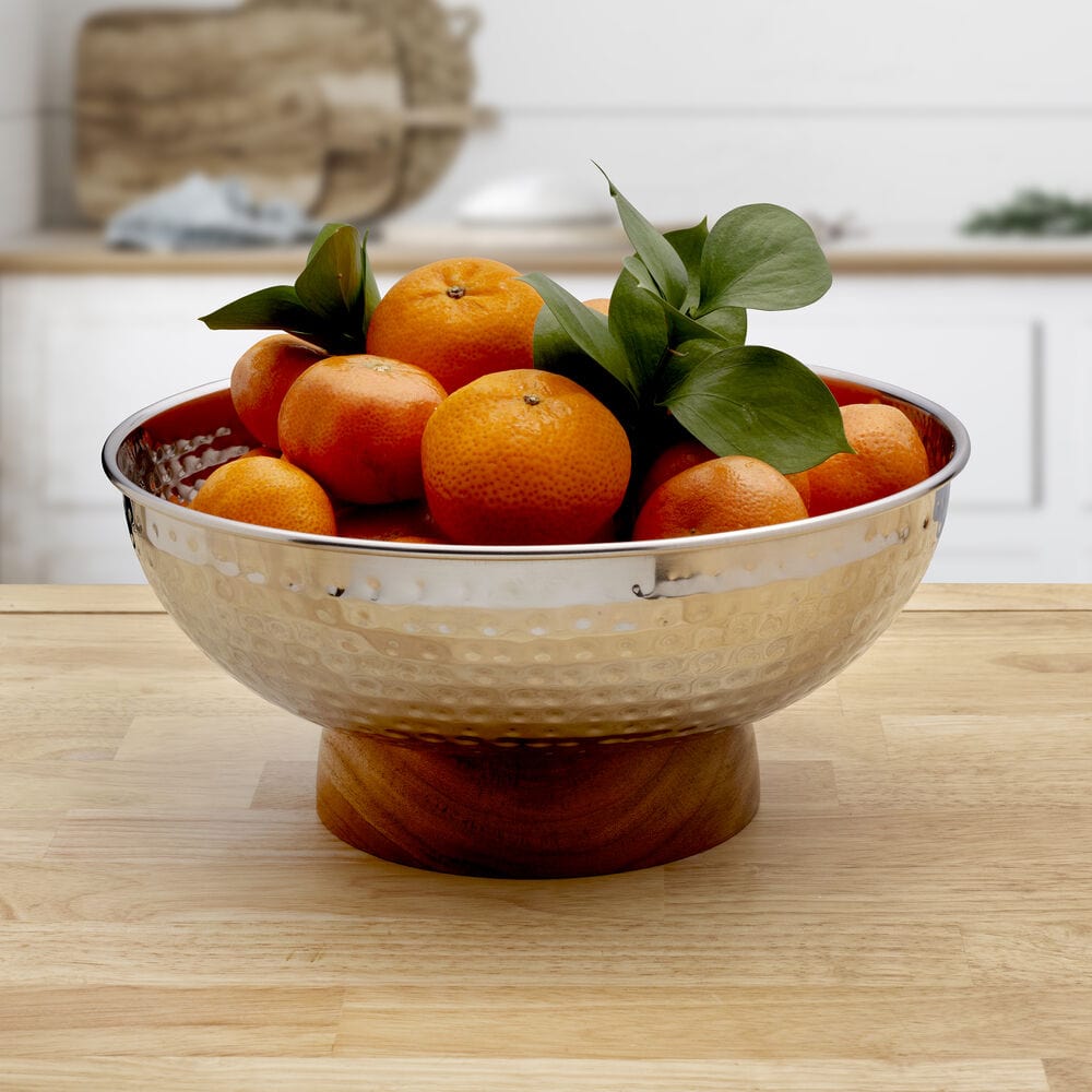 Radiance Hammered Serving Bowl with Acacia Base - Image 2