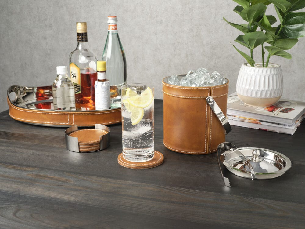 Faux Leather Stitched Ice Bucket with Tongs - Image 3