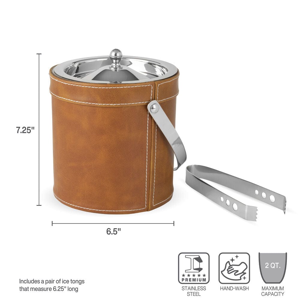 Faux Leather Stitched Ice Bucket with Tongs - Image 4