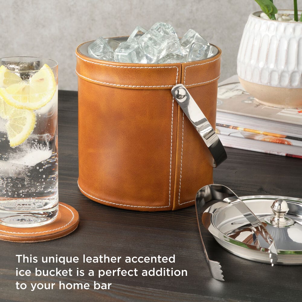 Faux Leather Stitched Ice Bucket with Tongs - Image 2