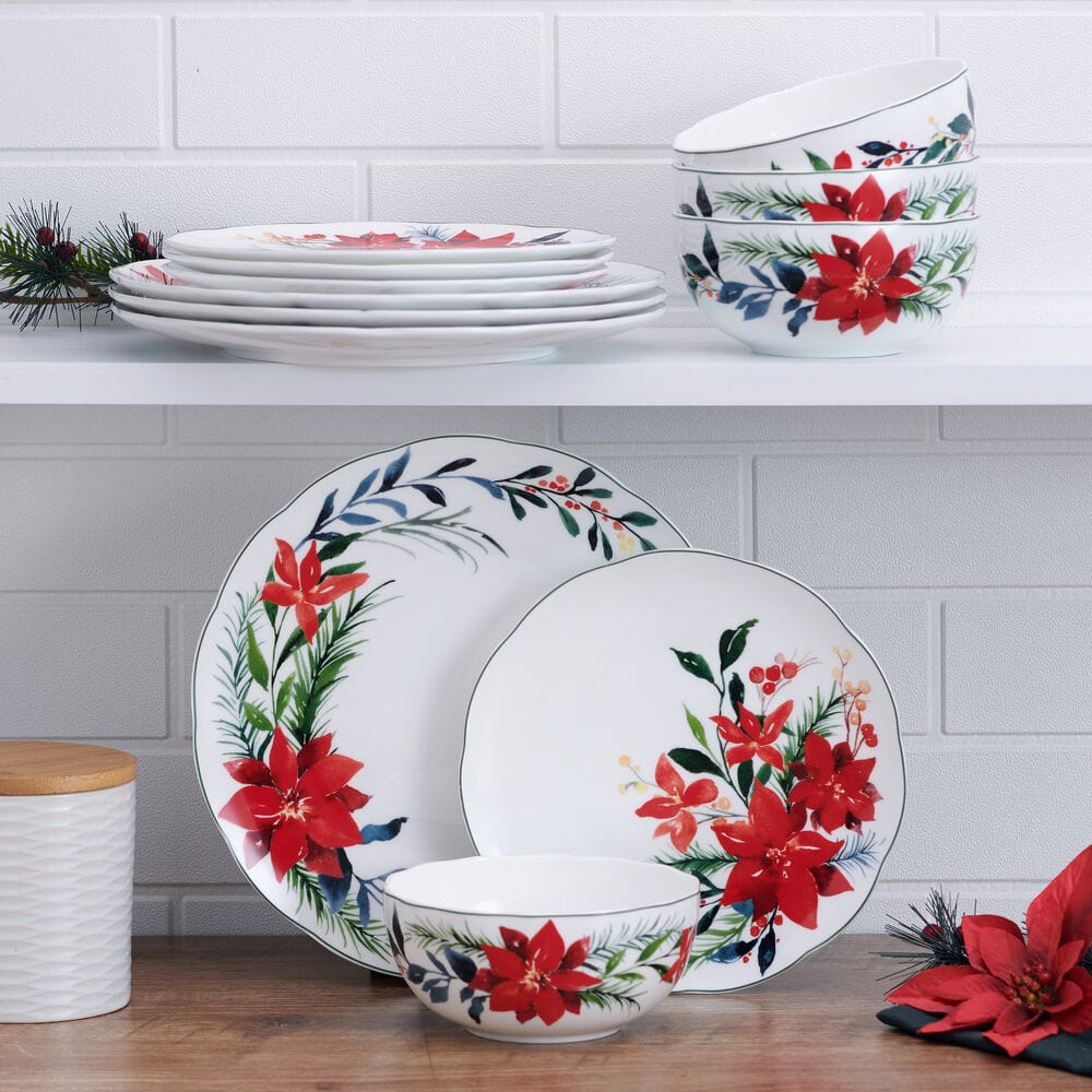 Merry Poinsettia 12 Piece Dinnerware Set. Service For 4 - Image 2