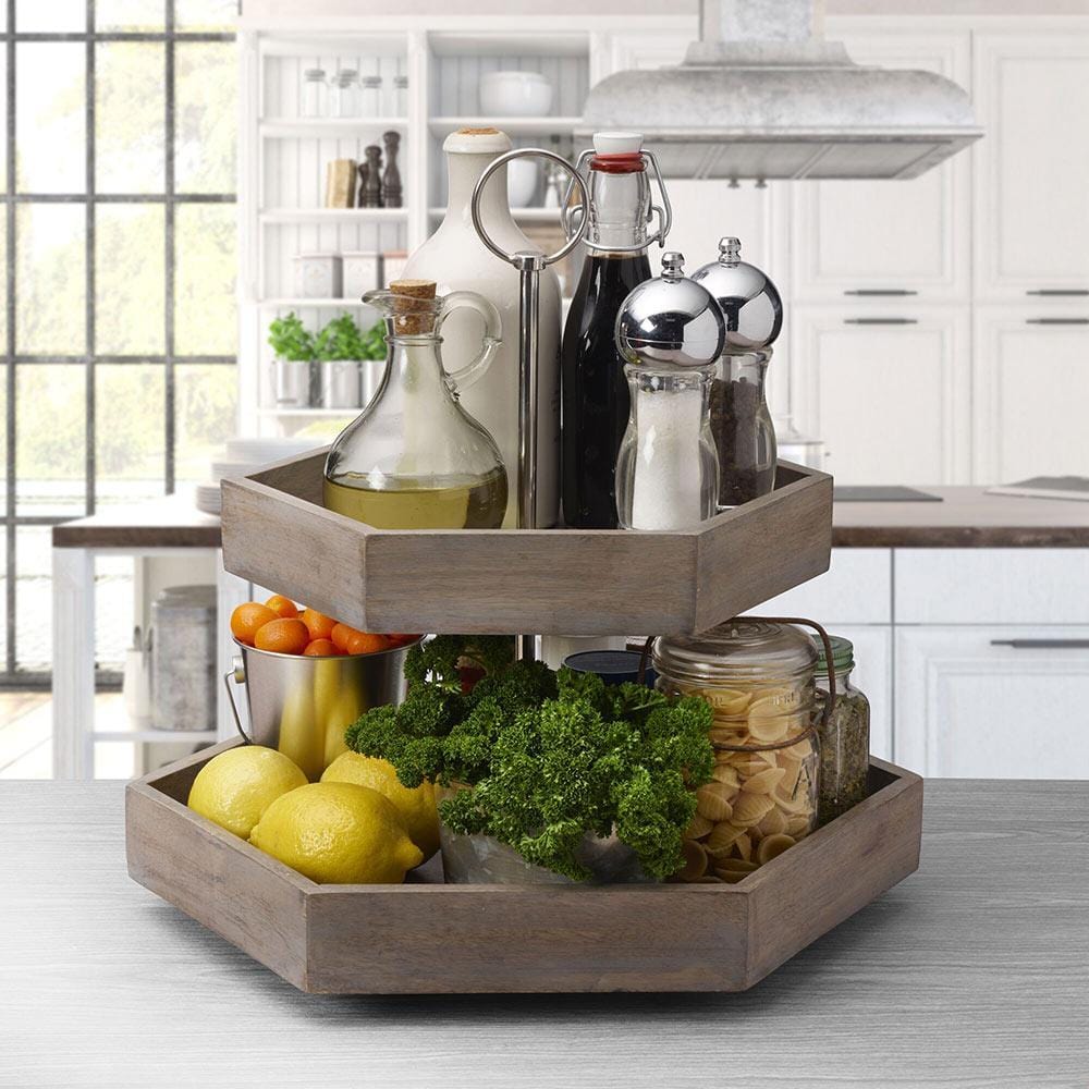 Hexagon 2 Tiered Mango Wood Serve Tray - Image 2