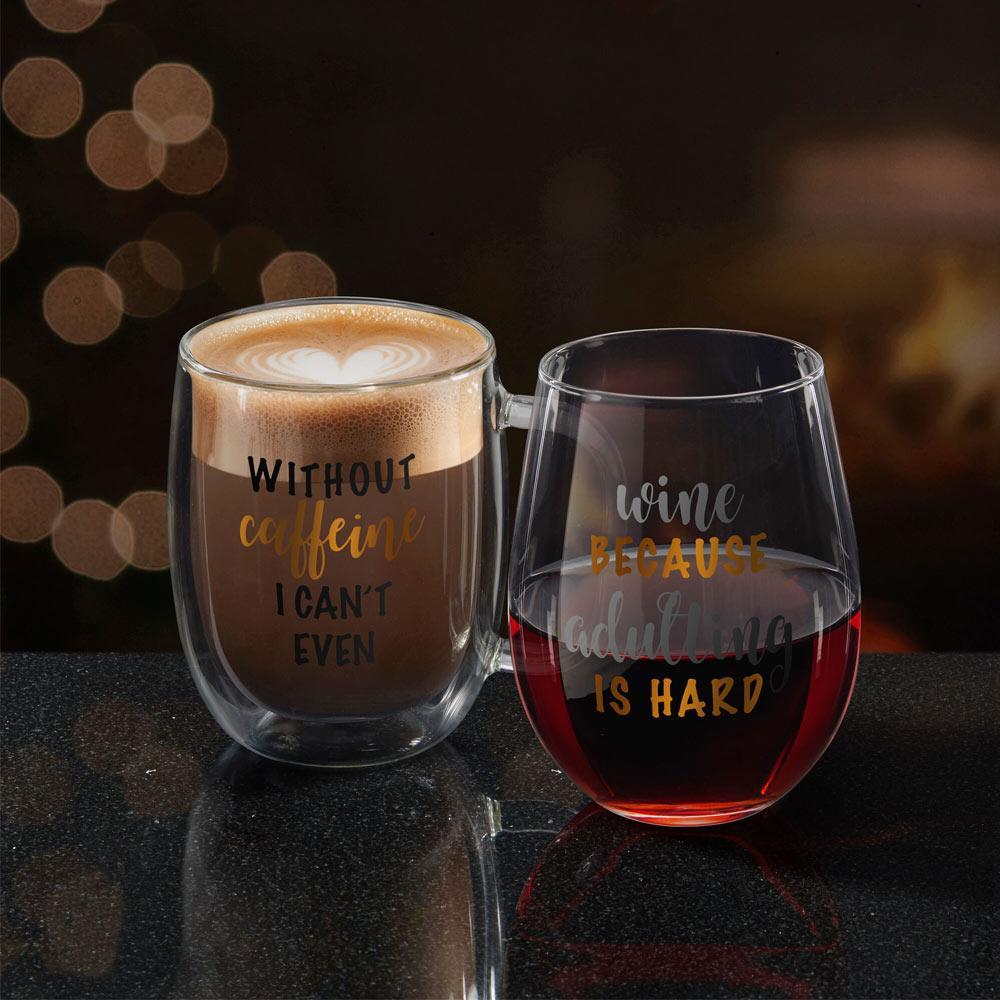 Double Wall Mug and Stemless Wine Glass Set of 2. Caffeine Wine Sentiment - Image 2