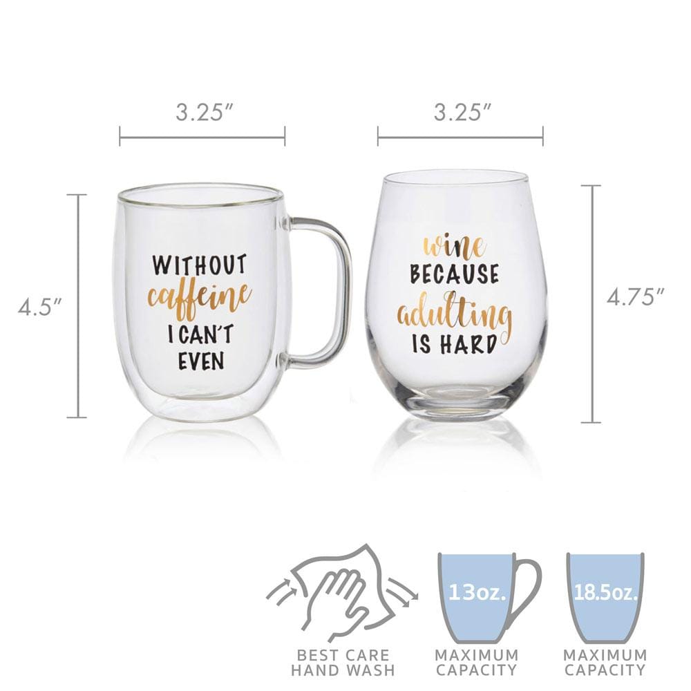 Double Wall Mug and Stemless Wine Glass Set of 2. Caffeine Wine Sentiment - Image 5