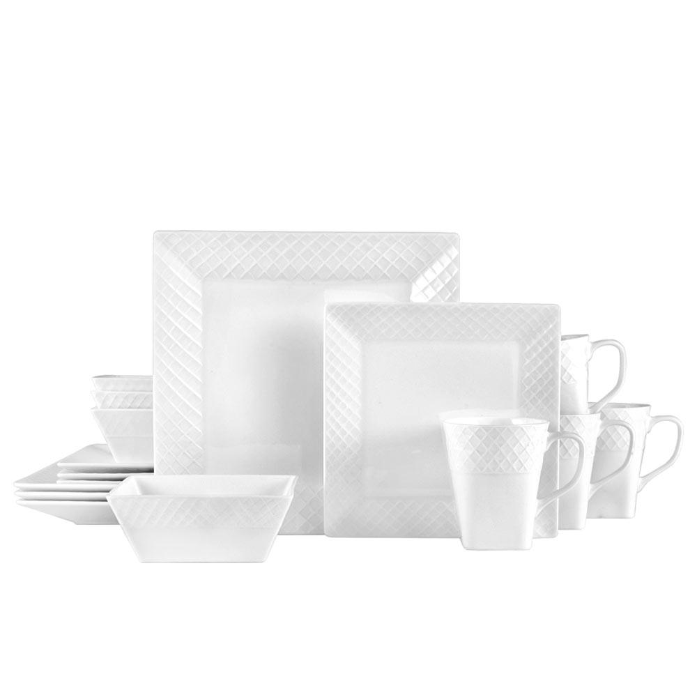 Trellis White Square 16 Piece Dinnerware Set. Service for 4